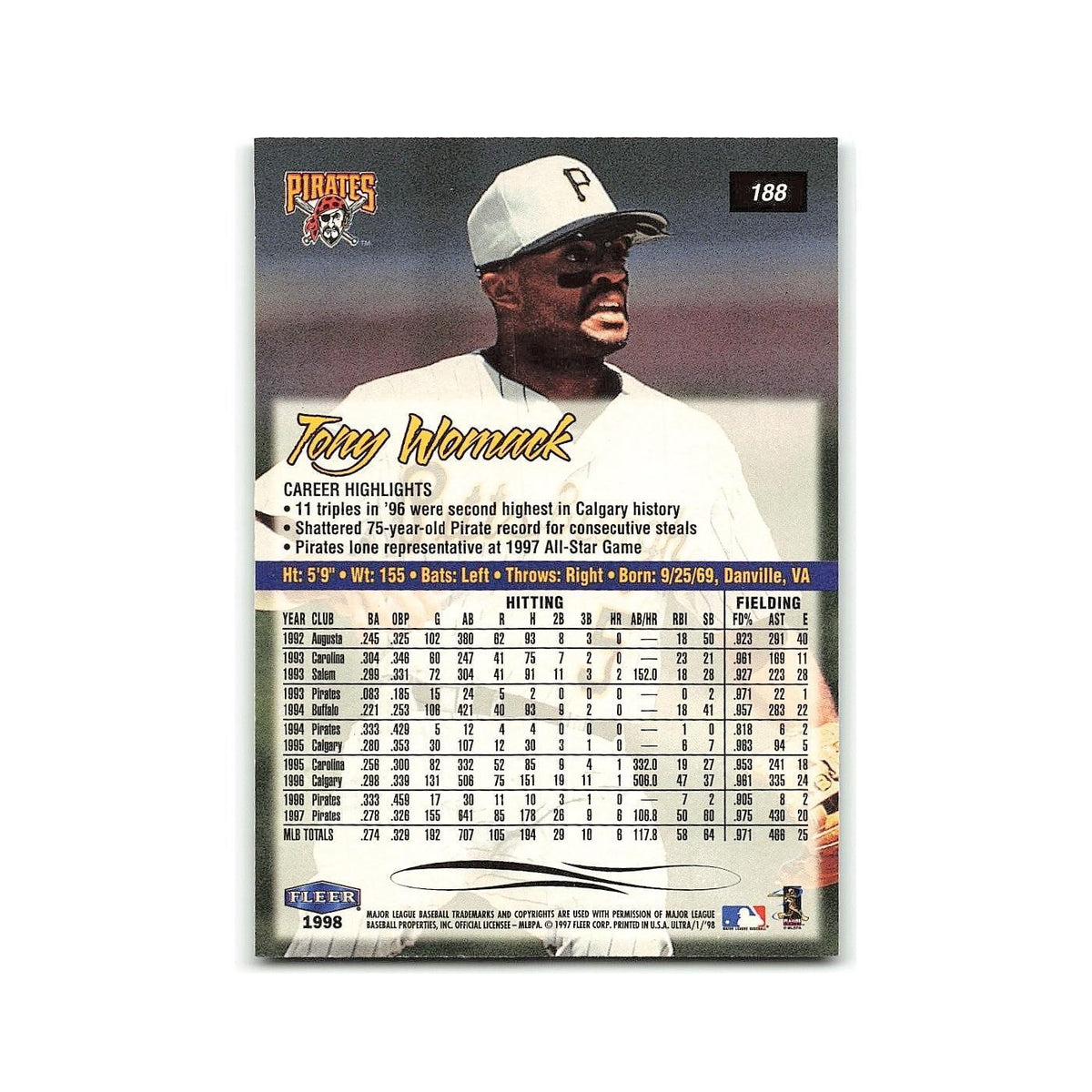 Tony Womack 1998 Fleer Ultra #188 Pittsburgh Pirates Baseball Card NM