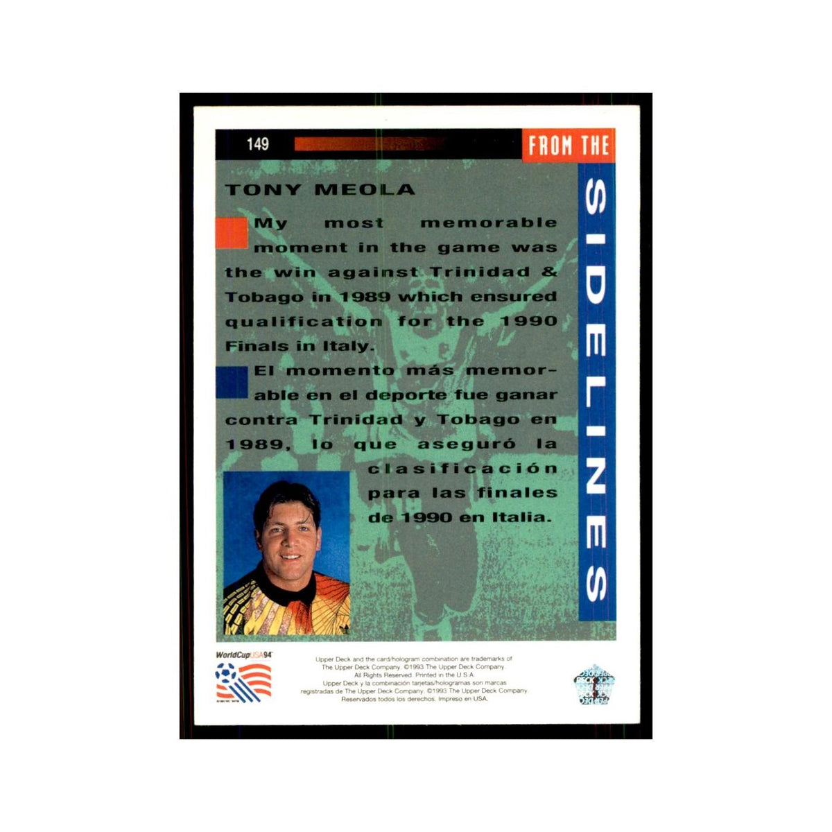 1993 Upper Deck Tony Meola Soccer Cards #149