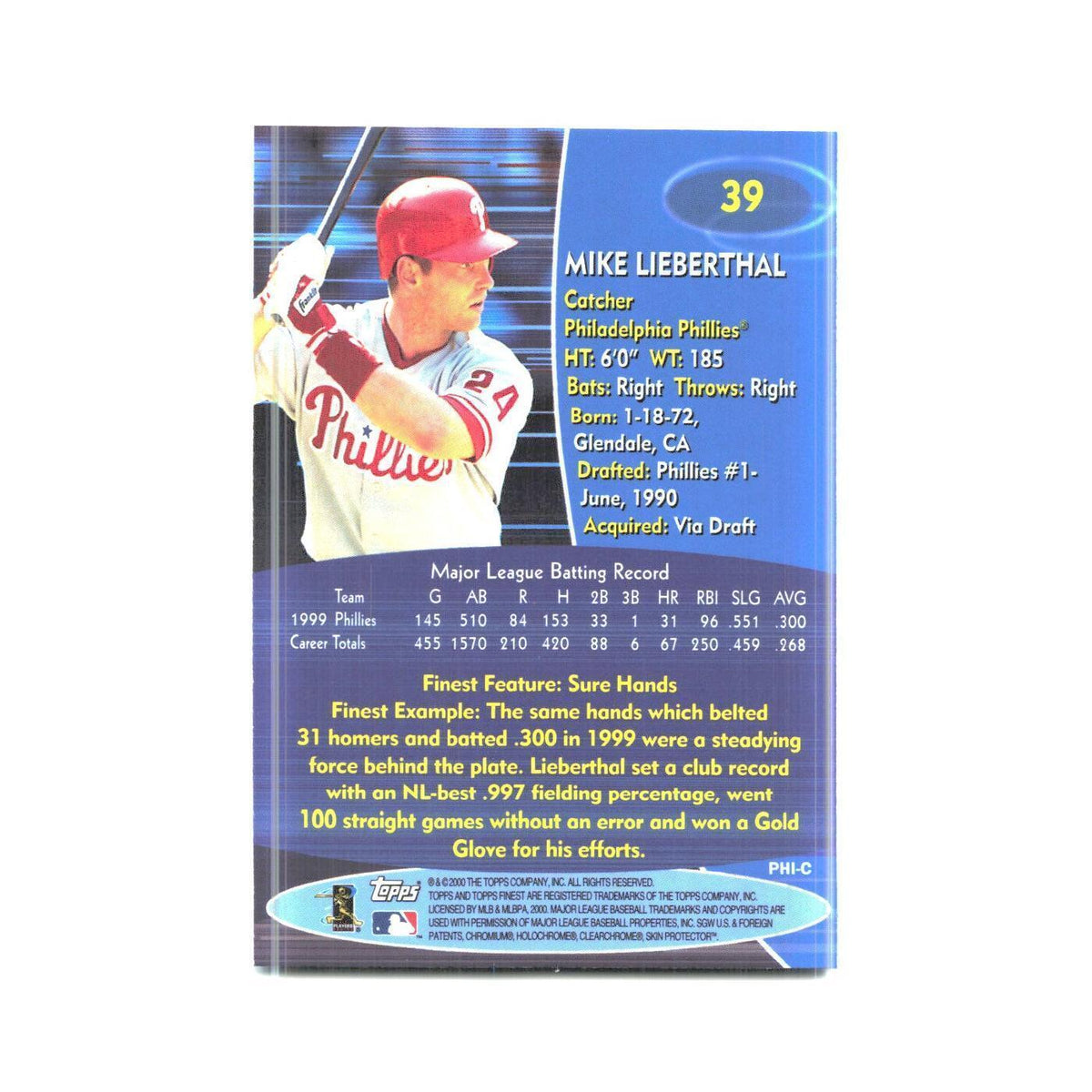 2000 Finest Mike Lieberthal Phillies #39