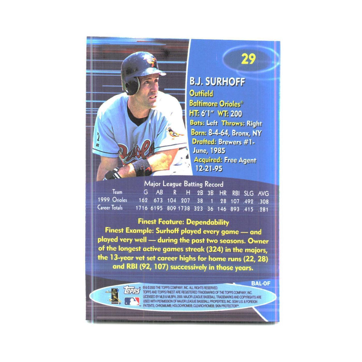 2000 Finest B.J. Surhoff Orioles #29