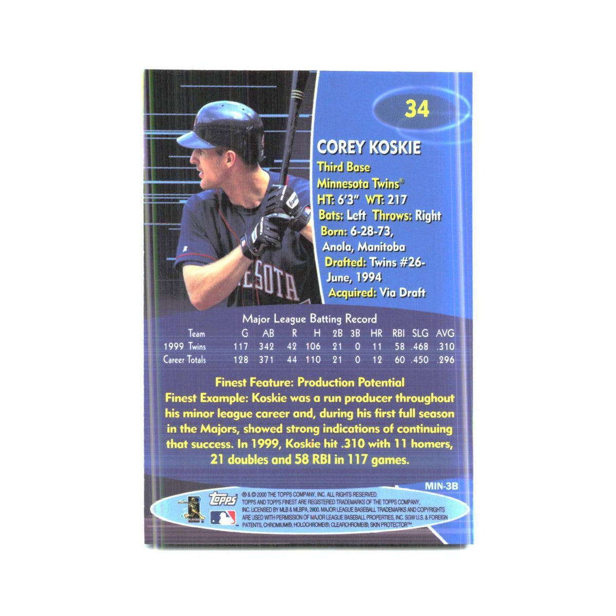 2000 Finest Corey Koskie Twins #34