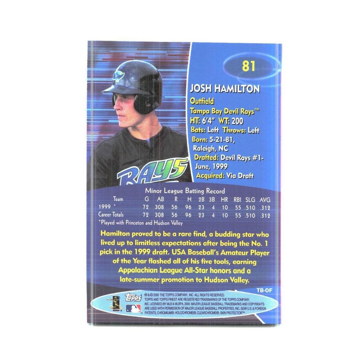 2000 Finest Josh Hamilton Rays #81