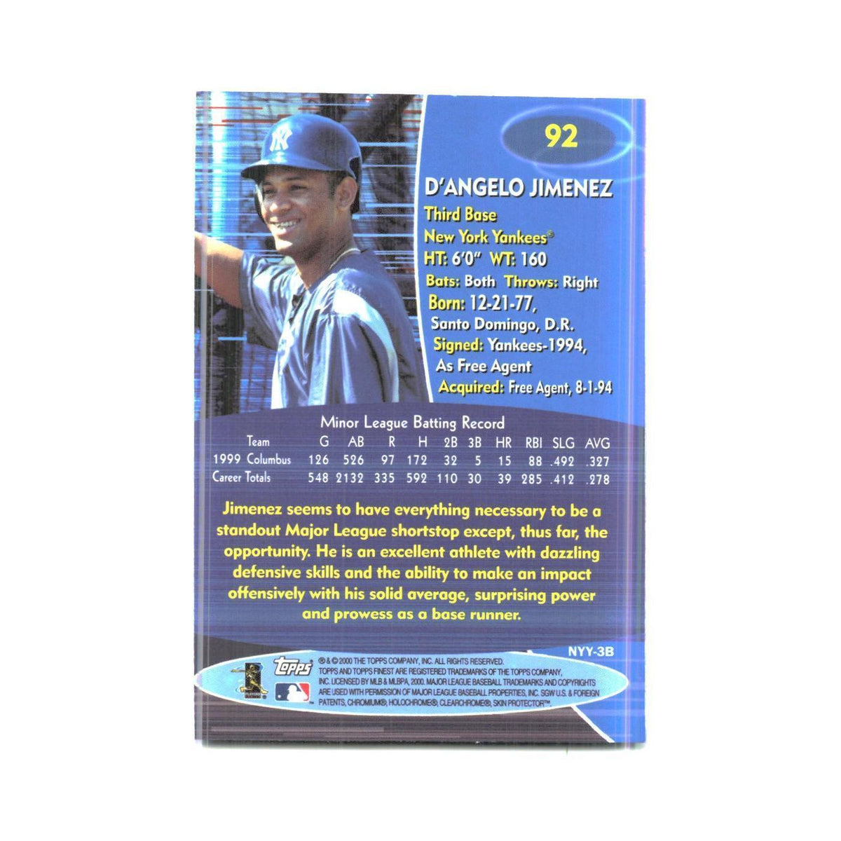 2000 Finest D'Angelo Jimenez Yankees #92