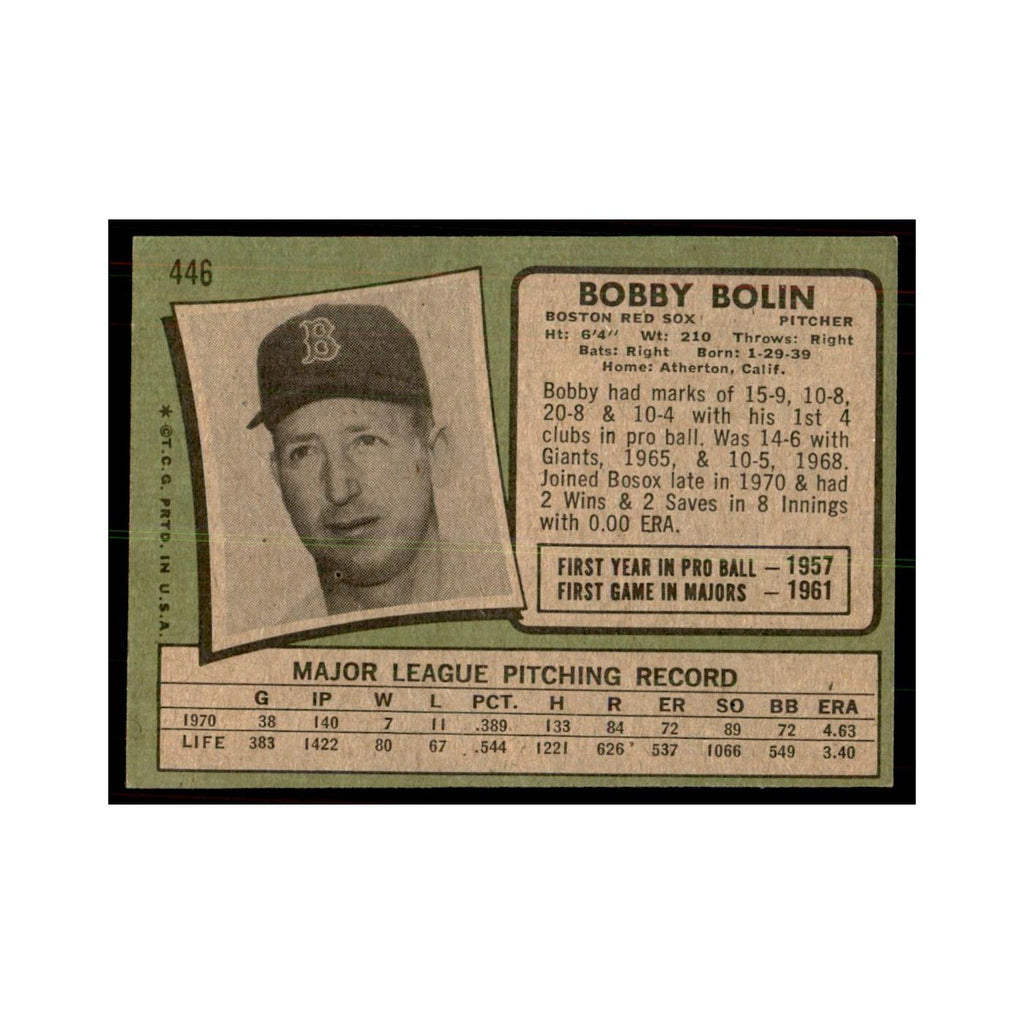 1971 Topps Baseball Card (Damaged) Bobby Bolin Red Sox #446
