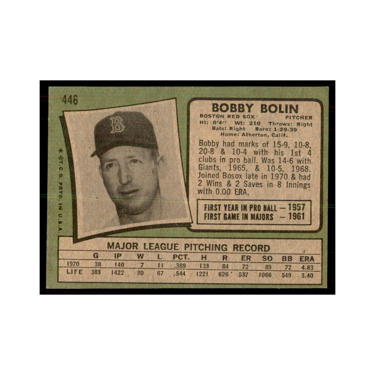 1971 Topps Baseball Card (Damaged) Bobby Bolin Red Sox #446