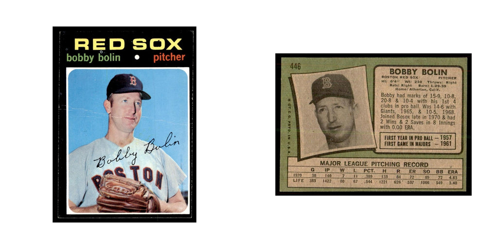 1971 Topps Baseball Card (Damaged) Bobby Bolin Red Sox #446