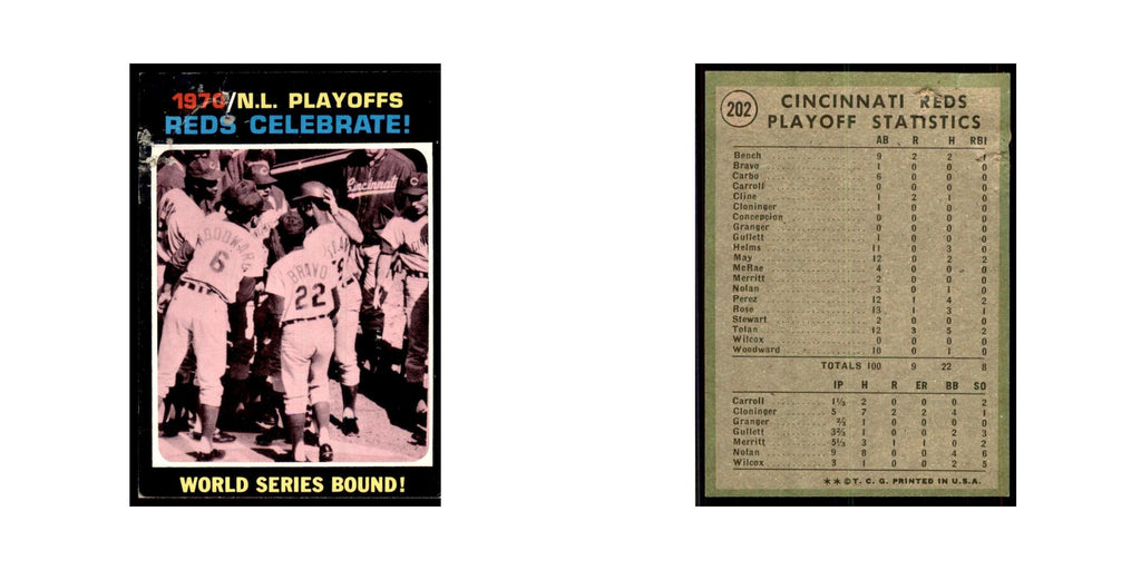 1971 Topps Baseball Card (Damaged) Reds Celebrate #202