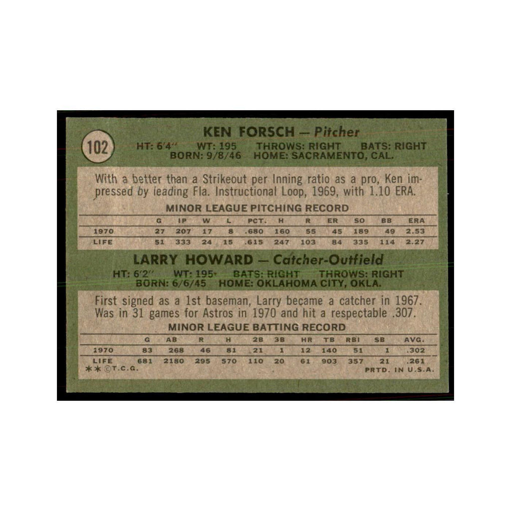 1971 Topps Baseball Card (Damaged) Astros Rookies Ken Forsch Larry Howard #102
