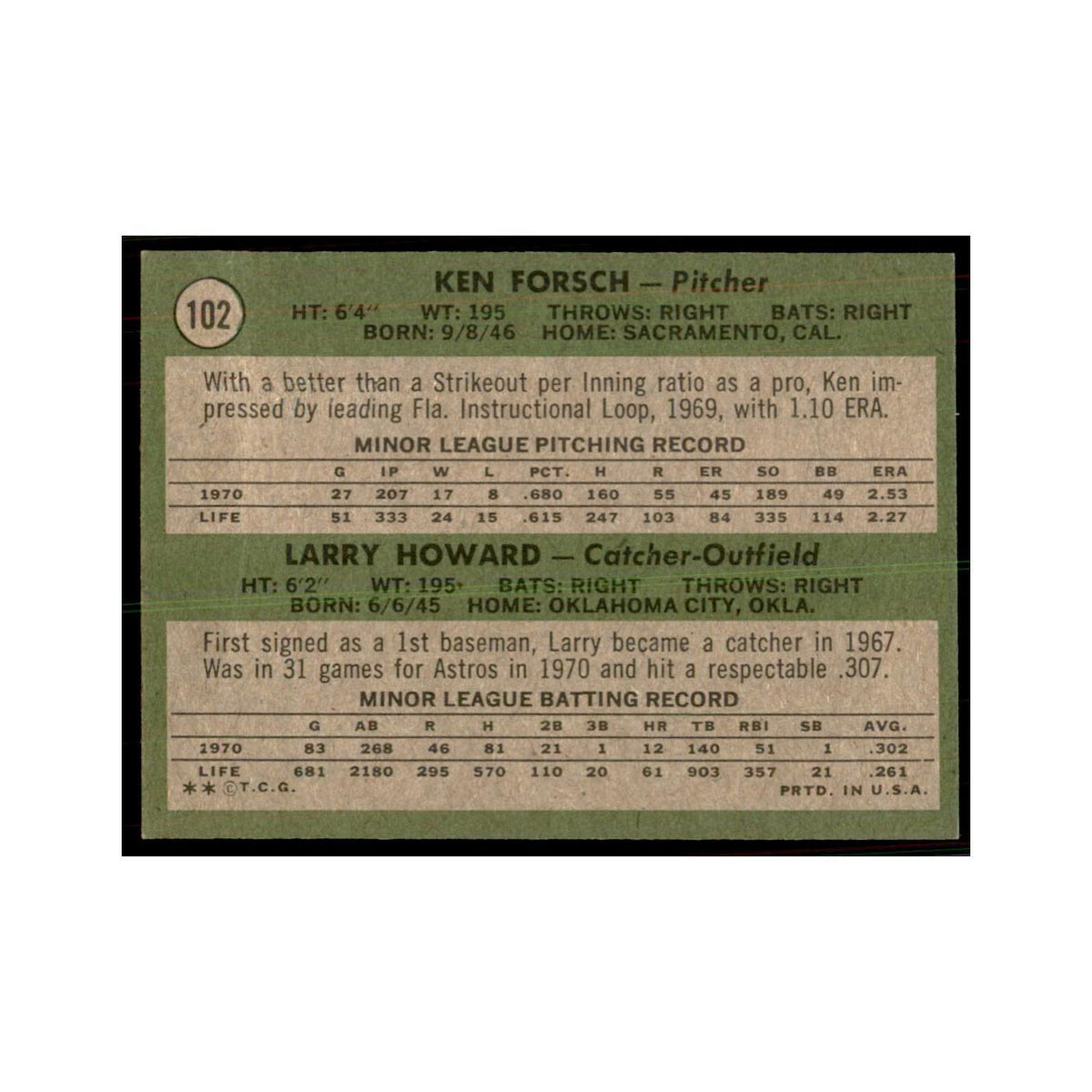 1971 Topps Baseball Card (Damaged) Astros Rookies Ken Forsch Larry Howard #102