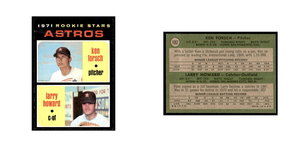 1971 Topps Baseball Card (Damaged) Astros Rookies Ken Forsch Larry Howard #102