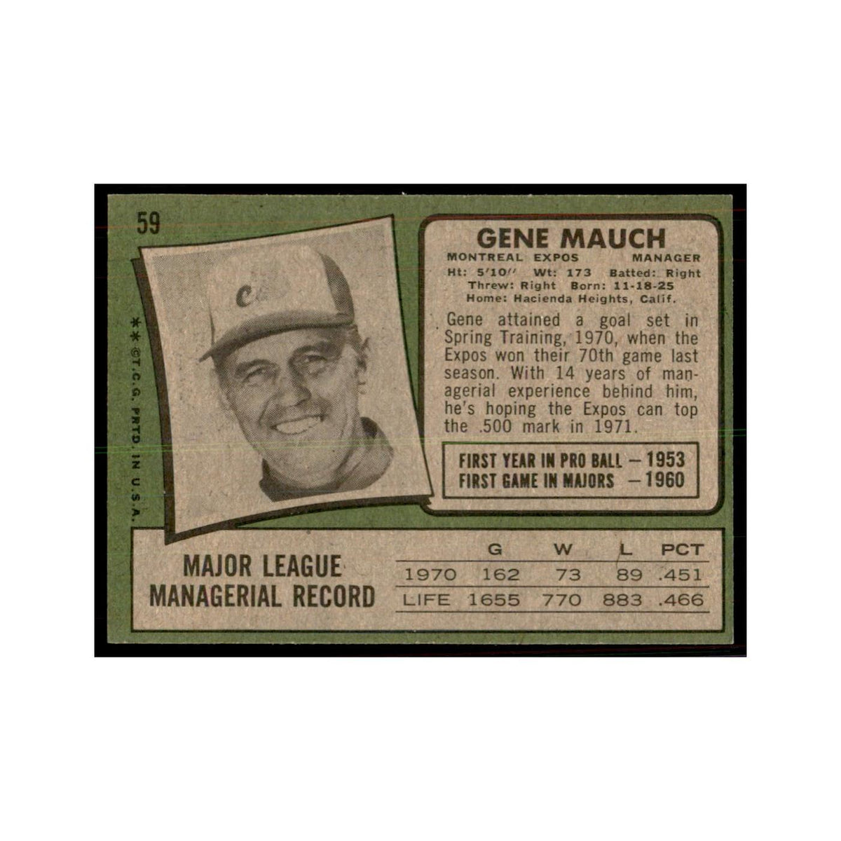 1971 Topps Baseball Card (Damaged) Gene Mauch Montreal Expos #59