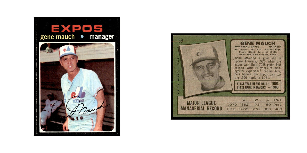 1971 Topps Baseball Card (Damaged) Gene Mauch Montreal Expos #59
