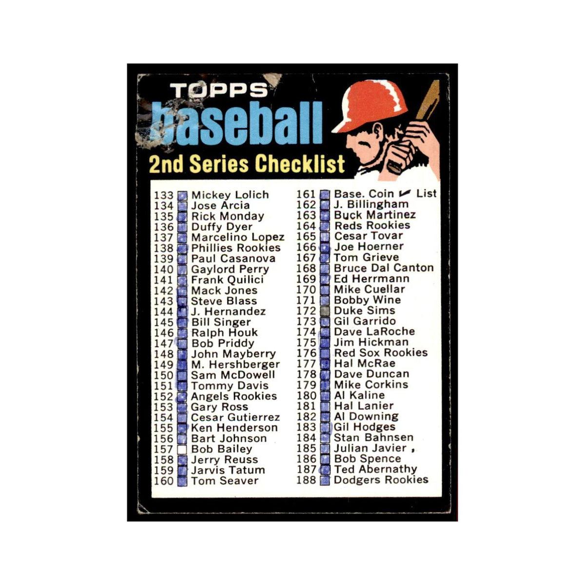 1971 Topps Baseball Card (Damaged) 2nd Series Checklist #123