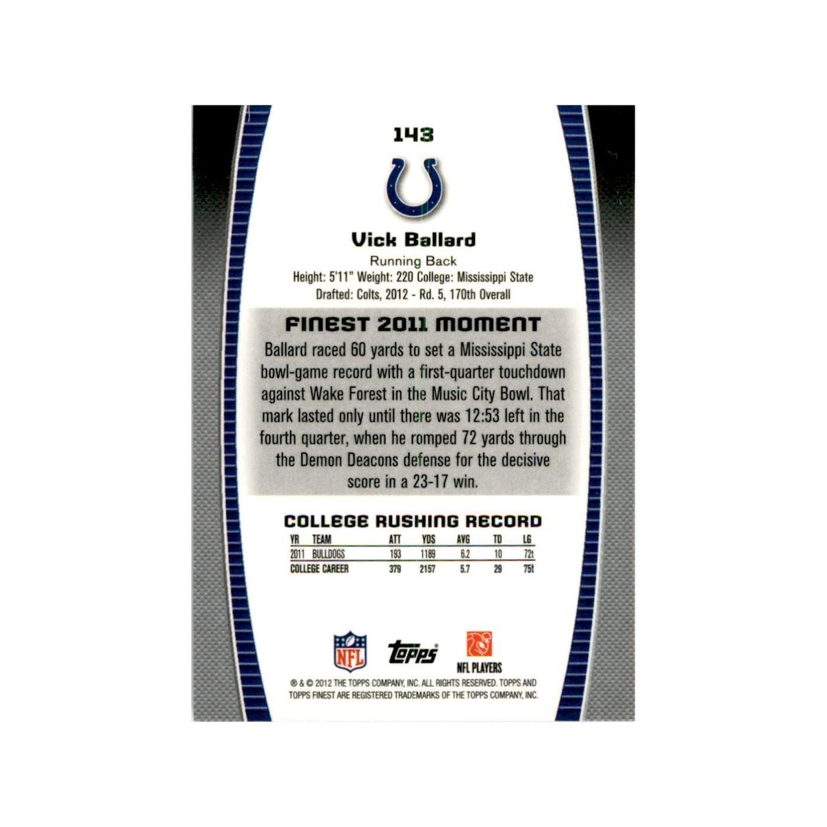 2012 Topps Finest Vick Ballard Football Cards #143