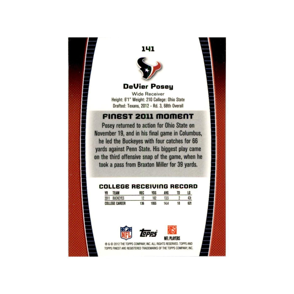 2012 Topps Finest DeVier Posey Football Cards #141