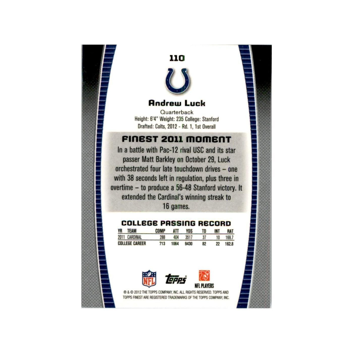 2012 Topps Finest Andrew Luck Football Cards #110