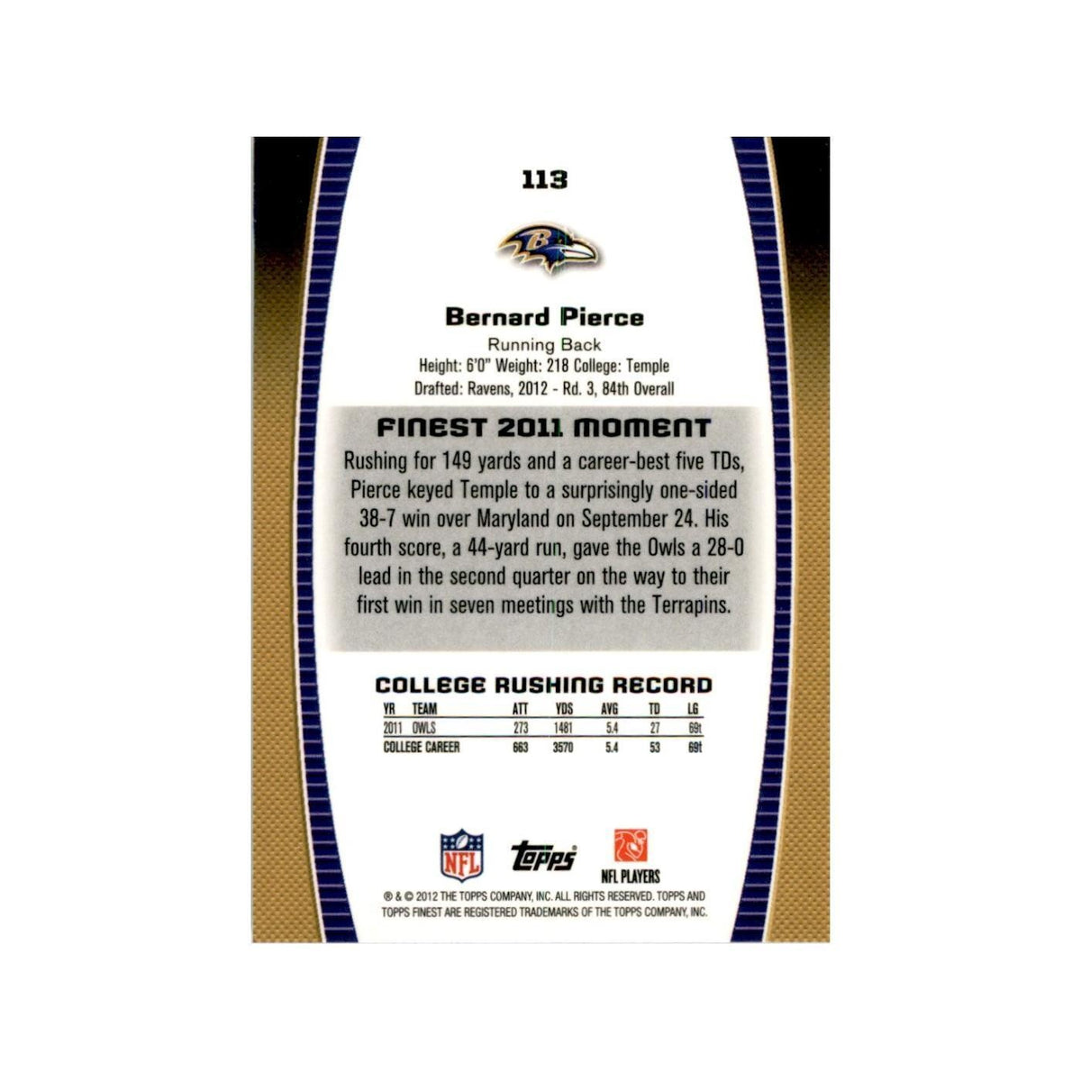 2012 Topps Finest Bernard Pierce Football Cards #113
