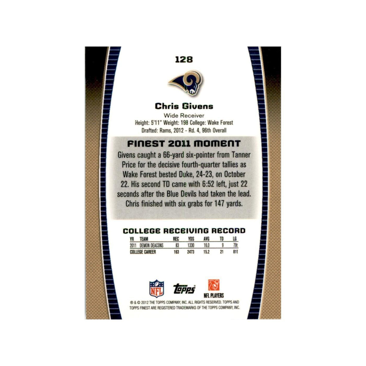2012 Topps Finest Chris Givens Football Cards #128