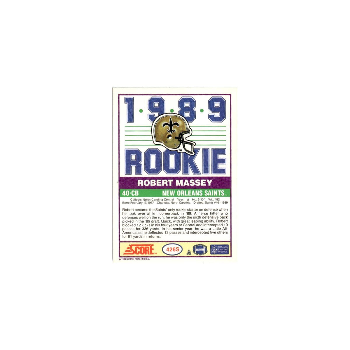 1989 Score Supplemental Robert Massey RC Saints #426S