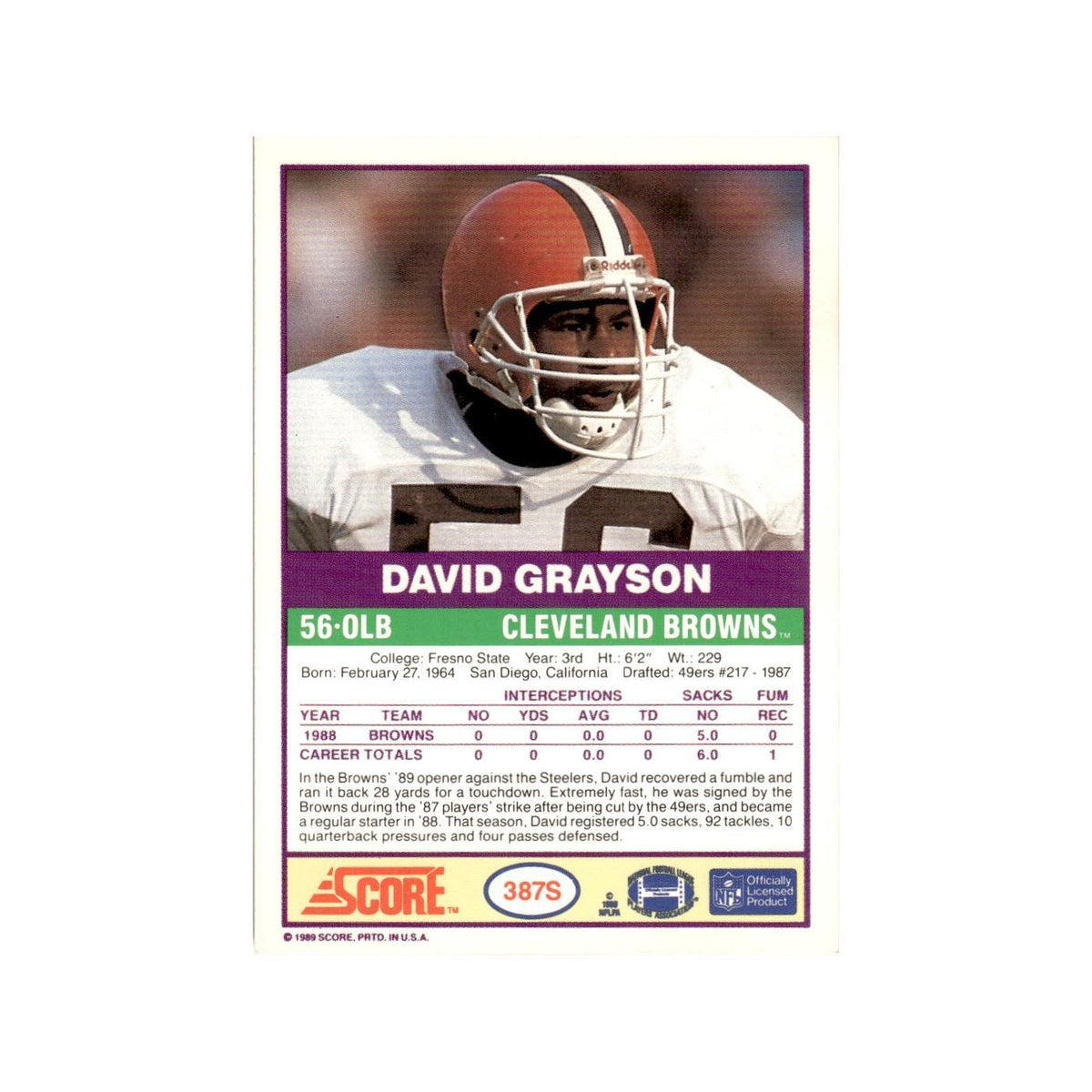 1989 Score Supplemental David Grayson Browns #387S