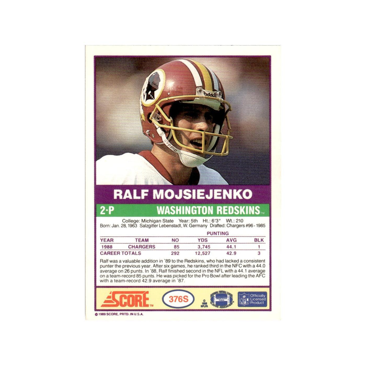 1989 Score Supplemental Ralf Mojsiejenko Redskins #376S
