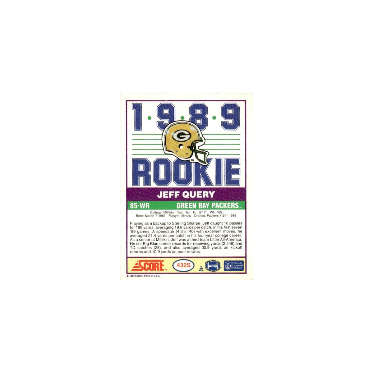 1989 Score Supplemental Jeff Query RC Packers #432S