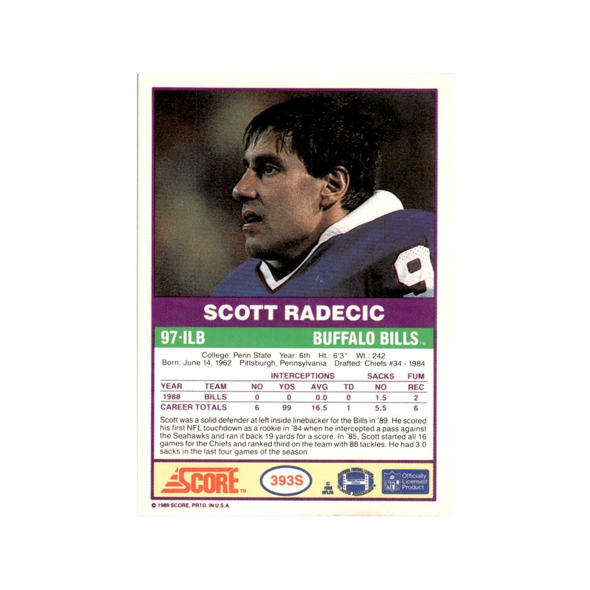 1989 Score Supplemental Scott Radecic Bills #393S