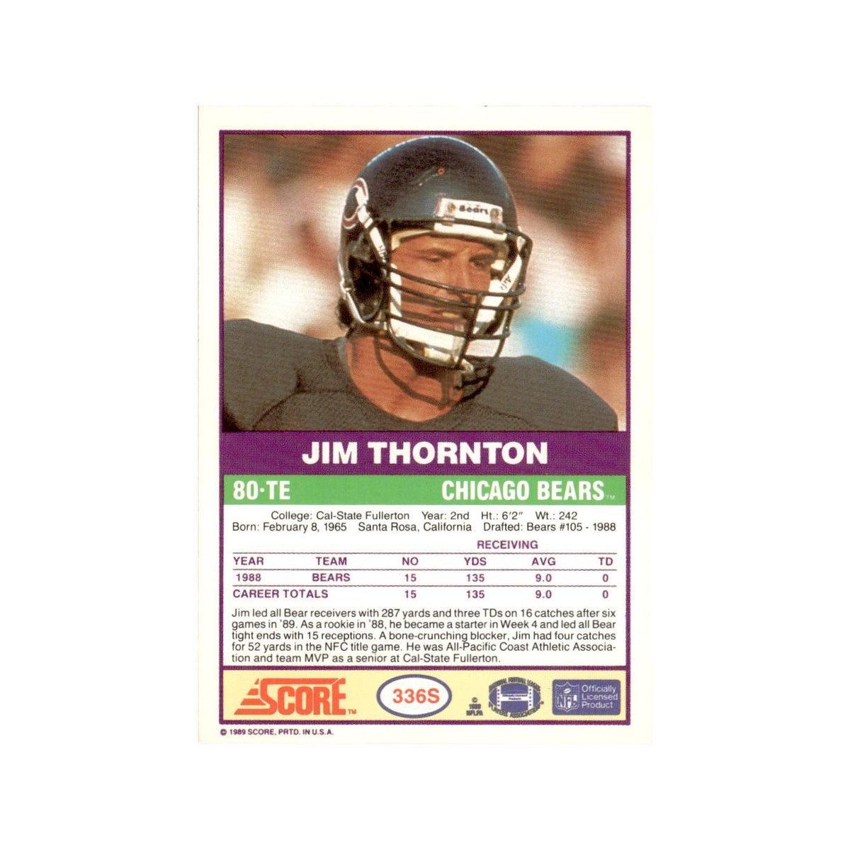 1989 Score Supplemental James Thornton Bears #336S