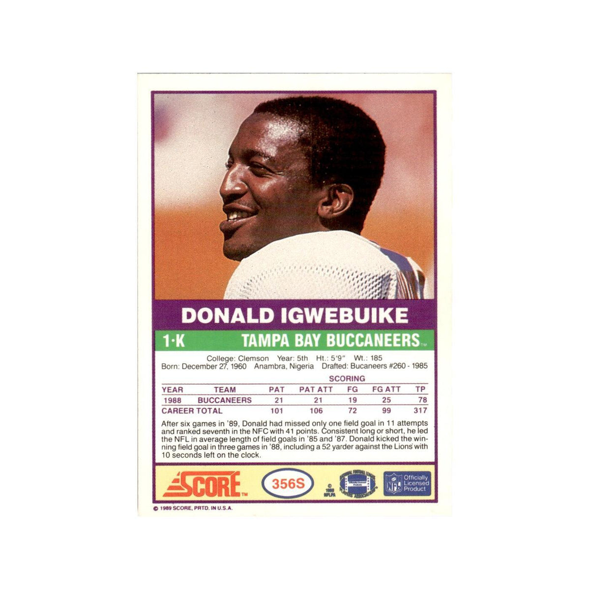 1989 Score Supplemental Donald Igwebuike Buccaneers #356S