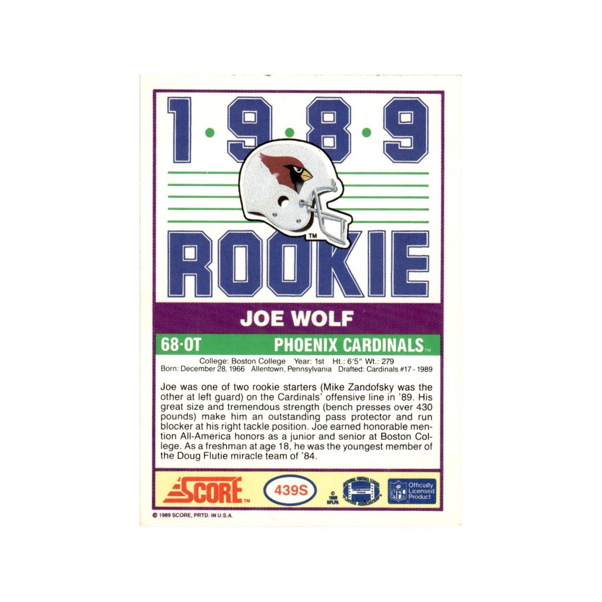 1989 Score Supplemental Joe Wolf RC Phoenix Cardinals #439S
