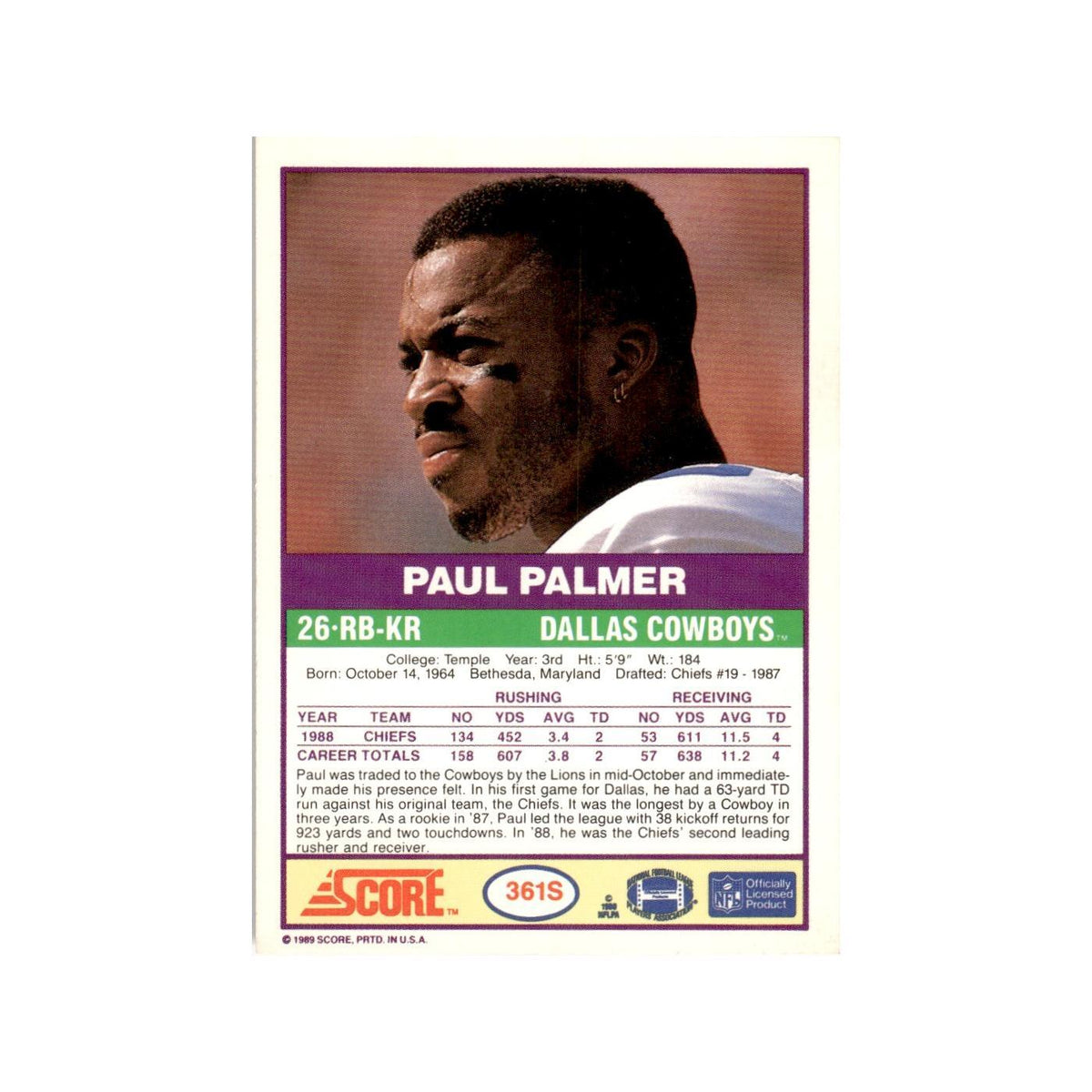 1989 Score Supplemental Paul Palmer Cowboys #361S