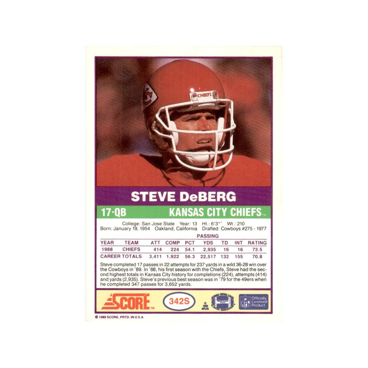 1989 Score Supplemental Steve DeBerg Chiefs #342S