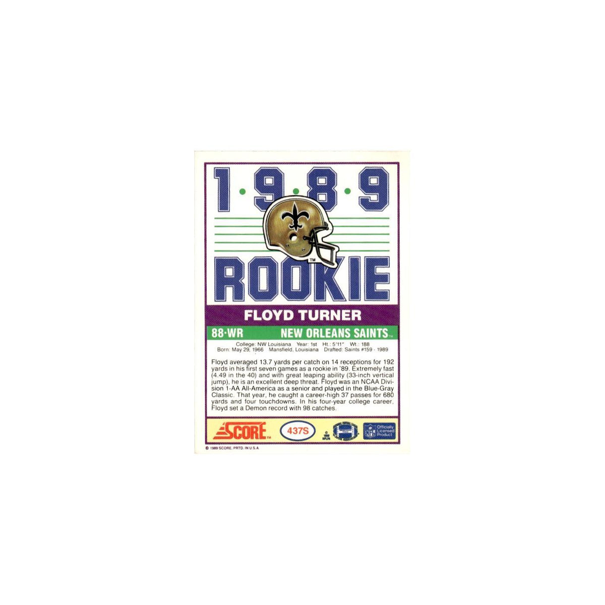 1989 Score Supplemental Floyd Turner RC Saints #437S