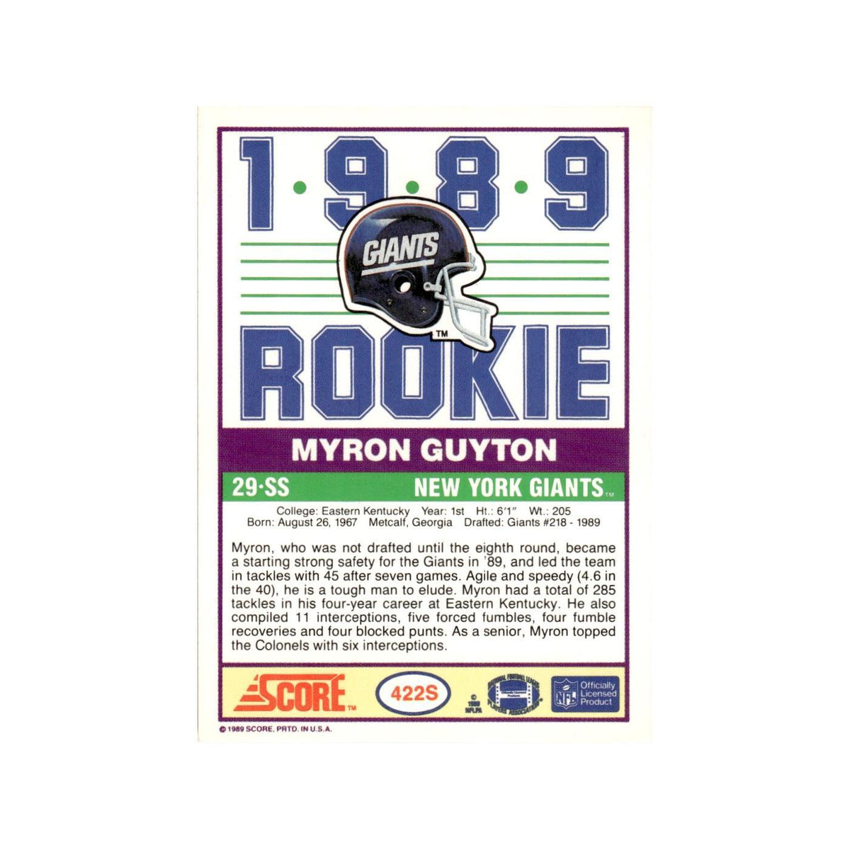 1989 Score Supplemental Myron Guyton RC Giants #422S