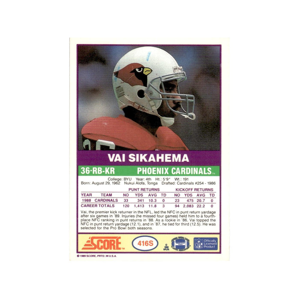 1989 Score Supplemental Vai Sikahema Phoenix Cardinals #416S