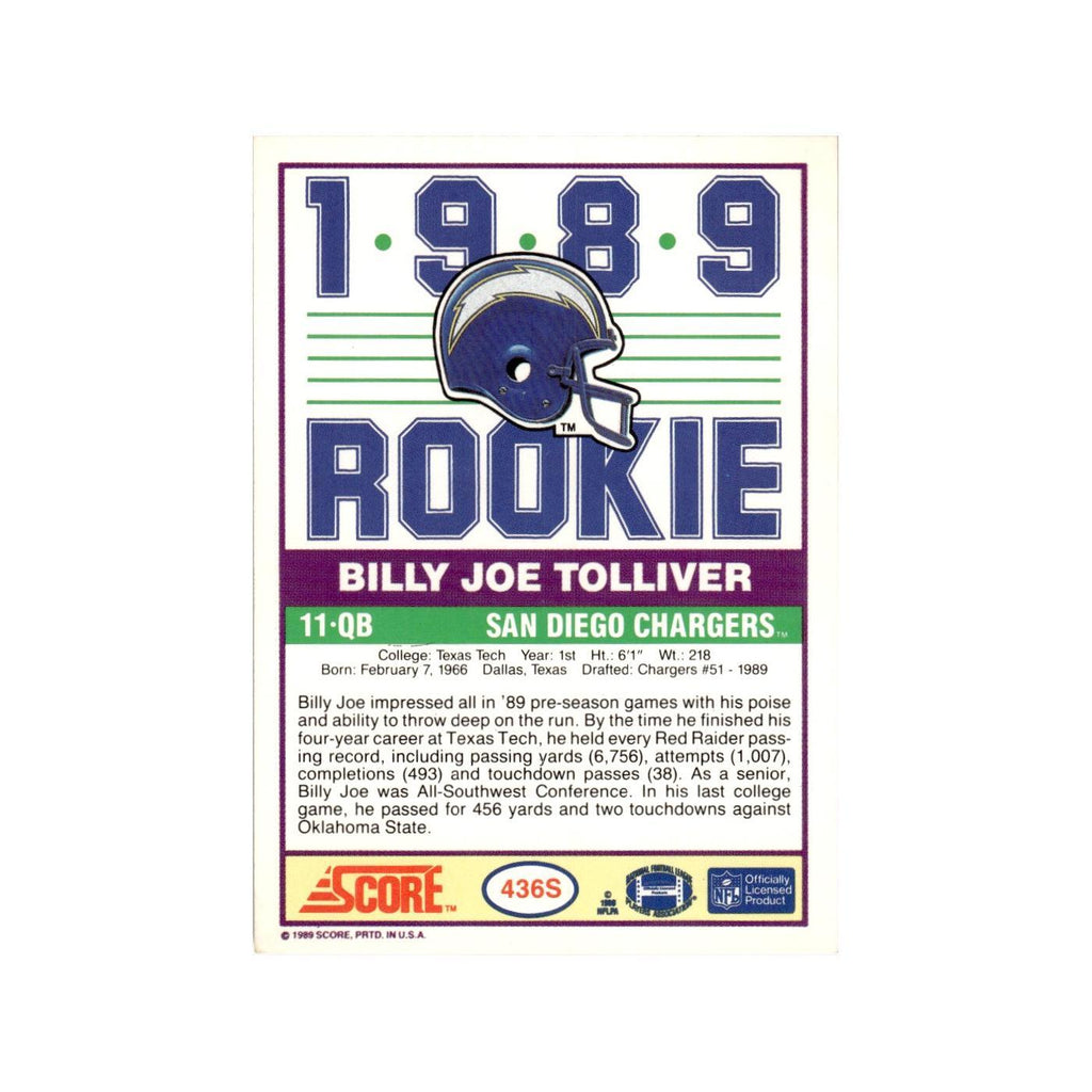 1989 Score Supplemental Billy Joe Tolliver RC San Diego Chargers #436S
