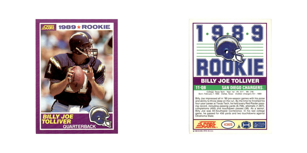 1989 Score Supplemental Billy Joe Tolliver RC San Diego Chargers #436S