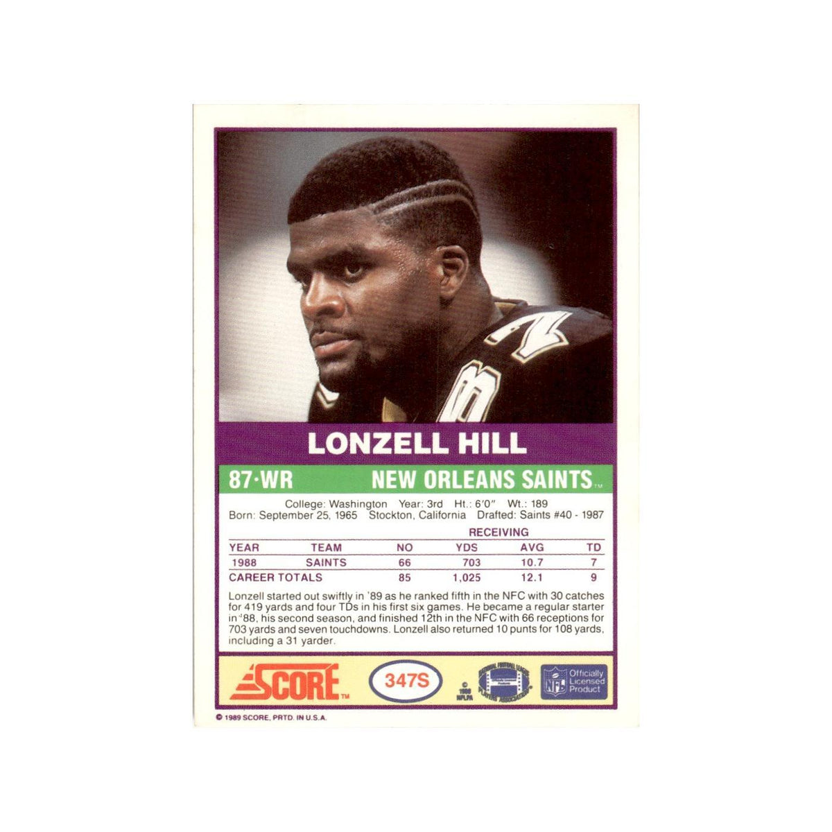 1989 Score Supplemental Lonzell Hill Saints #347S