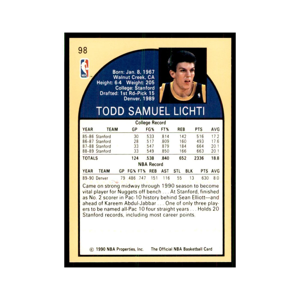 1990 NBA Hoops Todd Lichti Basketball Cards #98