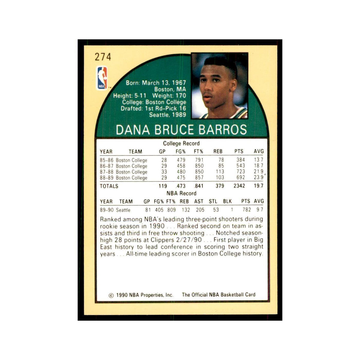 1990 NBA Hoops Dana Barros RC Basketball Cards #274