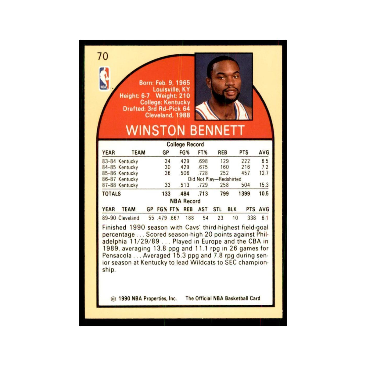 1990 NBA Hoops Winston Bennett Basketball Cards #70