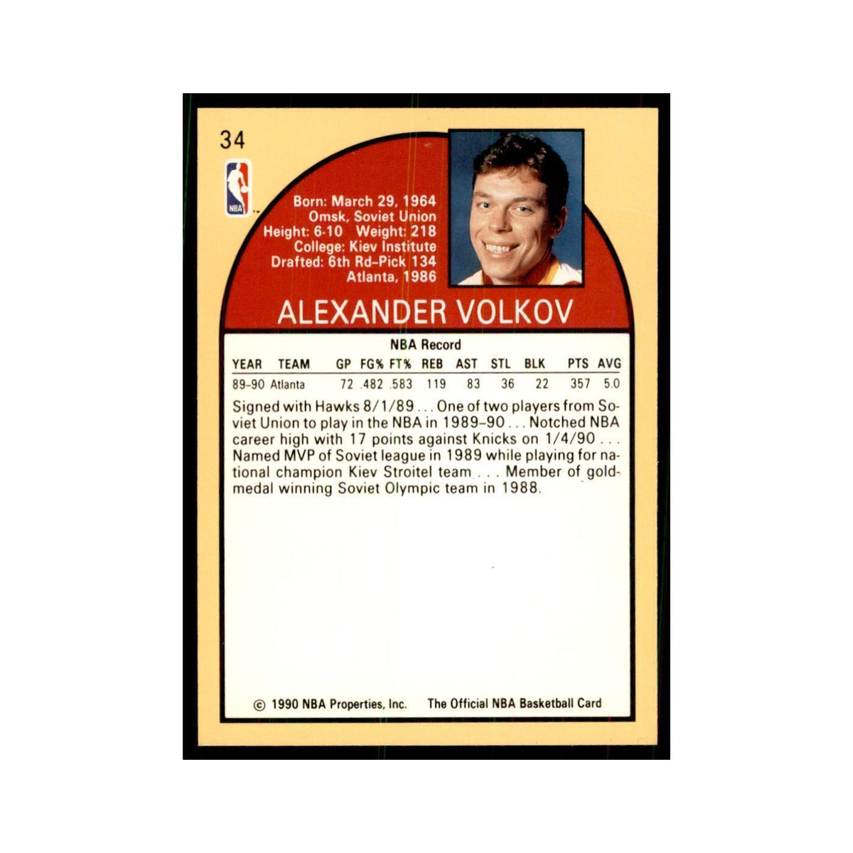 1990 NBA Hoops Alexander Volkov Basketball Cards #34
