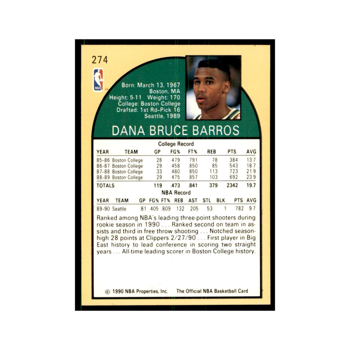 1990 NBA Hoops Dana Barros RC Basketball Cards #274