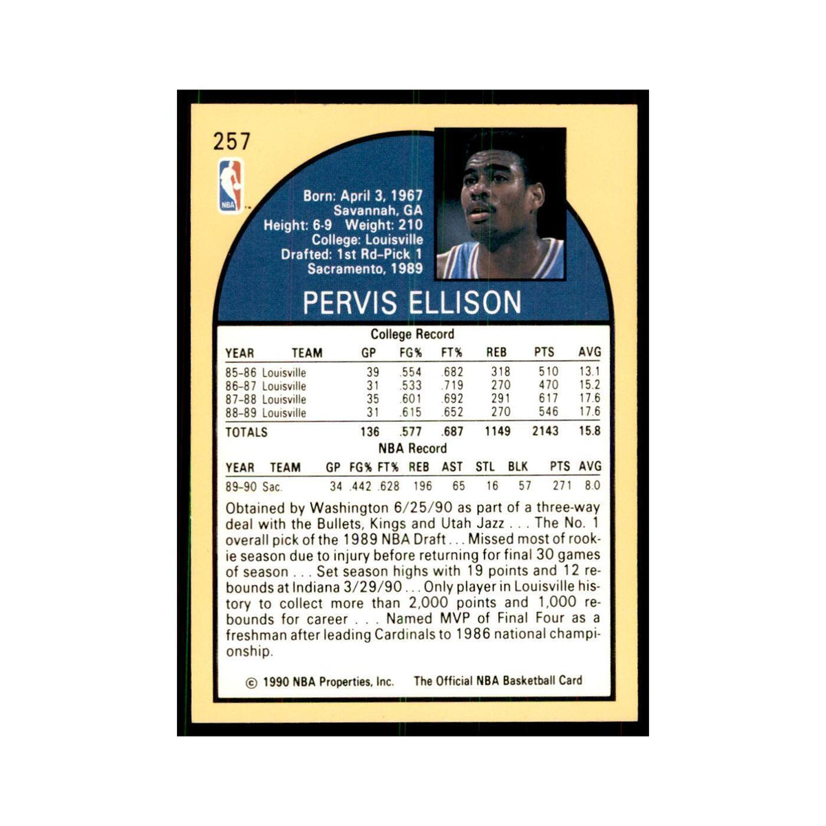 1990 NBA Hoops Pervis Ellison RC Basketball Cards #257