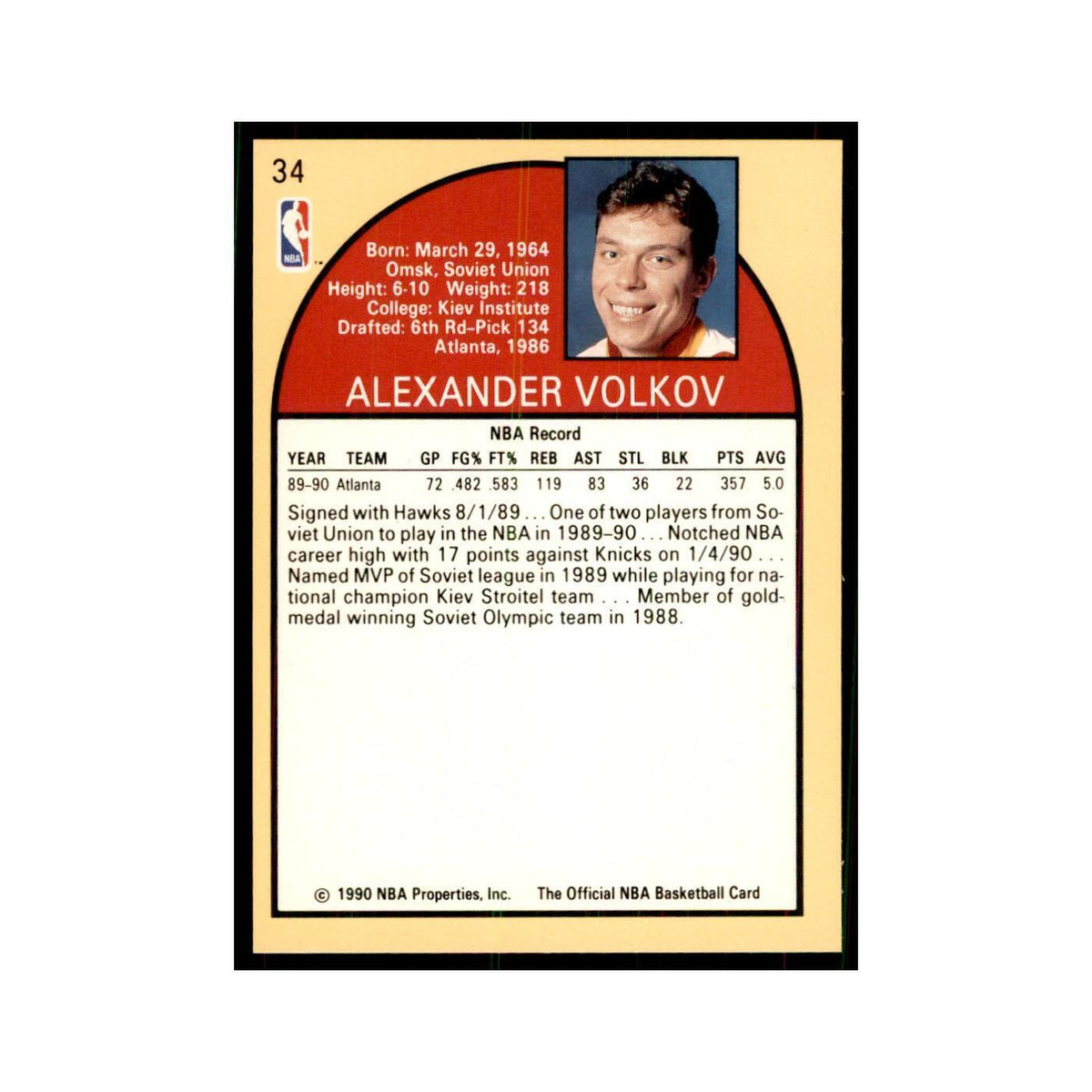 1990 NBA Hoops Alexander Volkov Basketball Cards #34