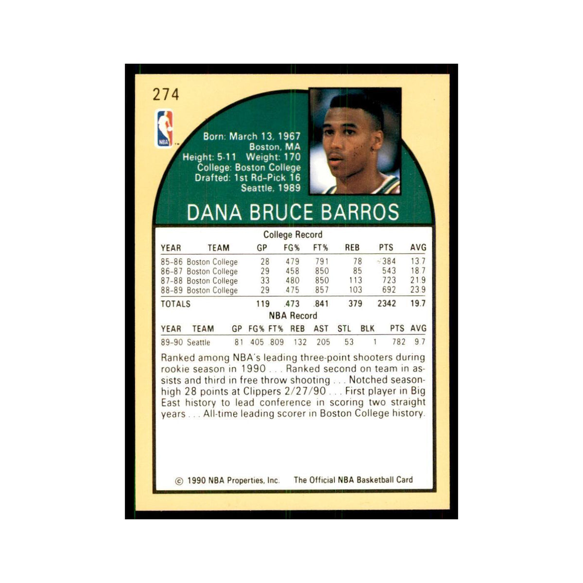 1990 NBA Hoops Dana Barros RC Basketball Cards #274