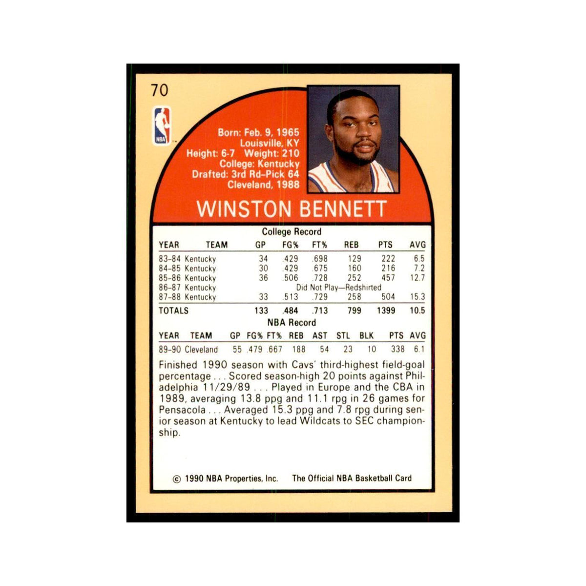 1990 NBA Hoops Winston Bennett Basketball Cards #70