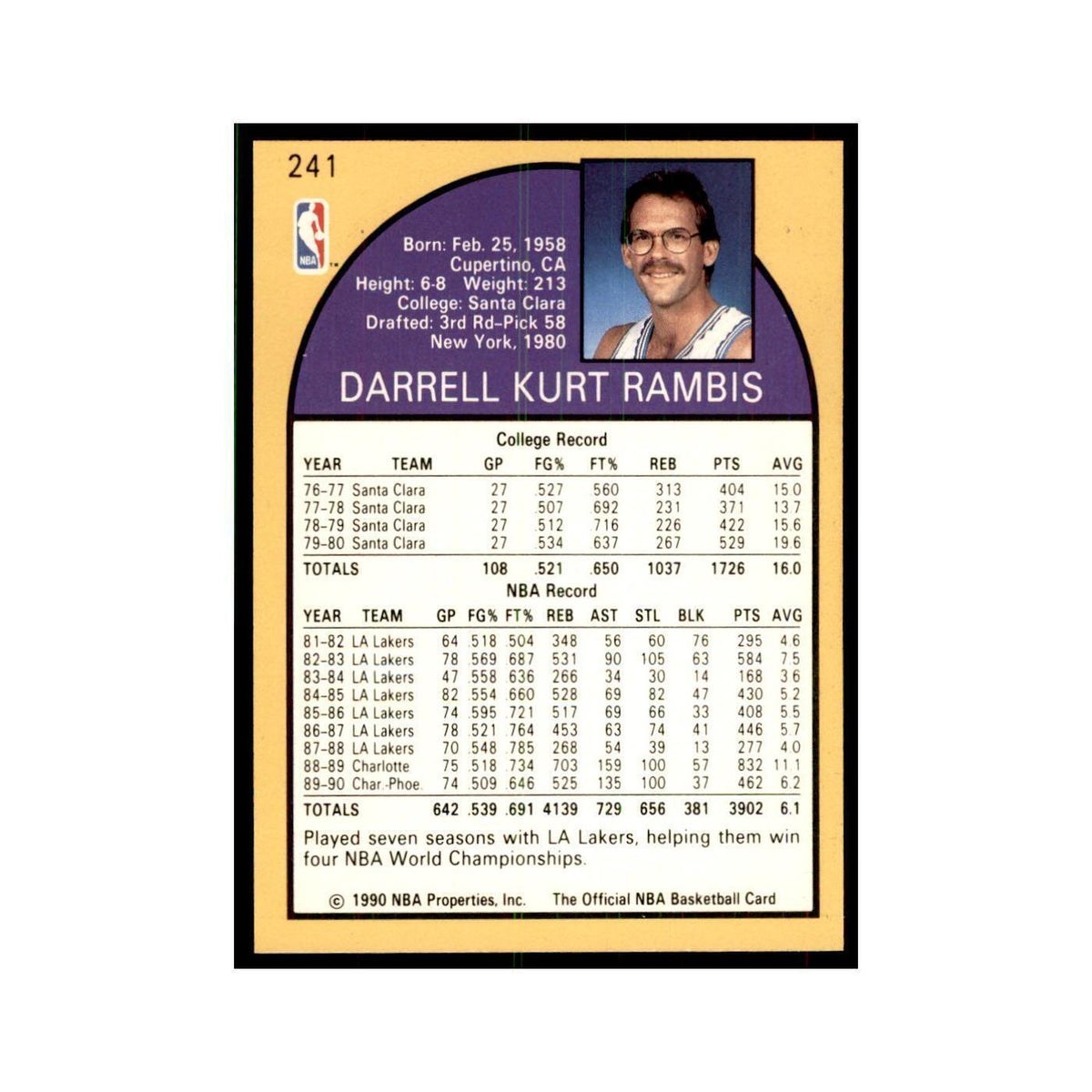 1990 NBA Hoops Kurt Rambis Basketball Cards #241