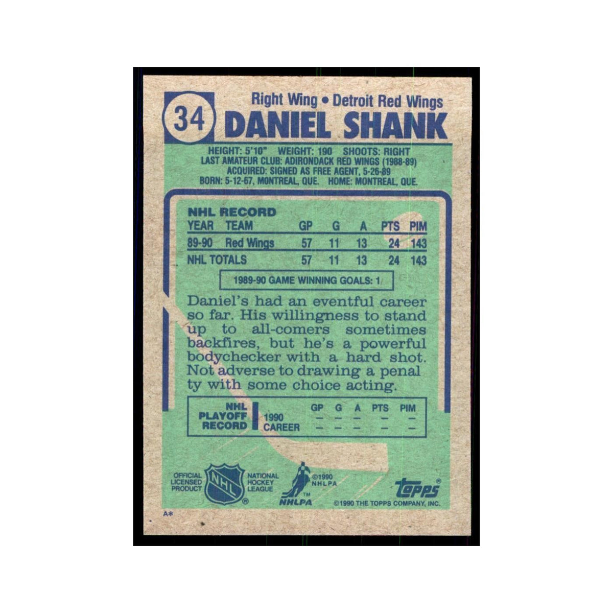 1990 Topps Daniel Shank Hockey Cards #34