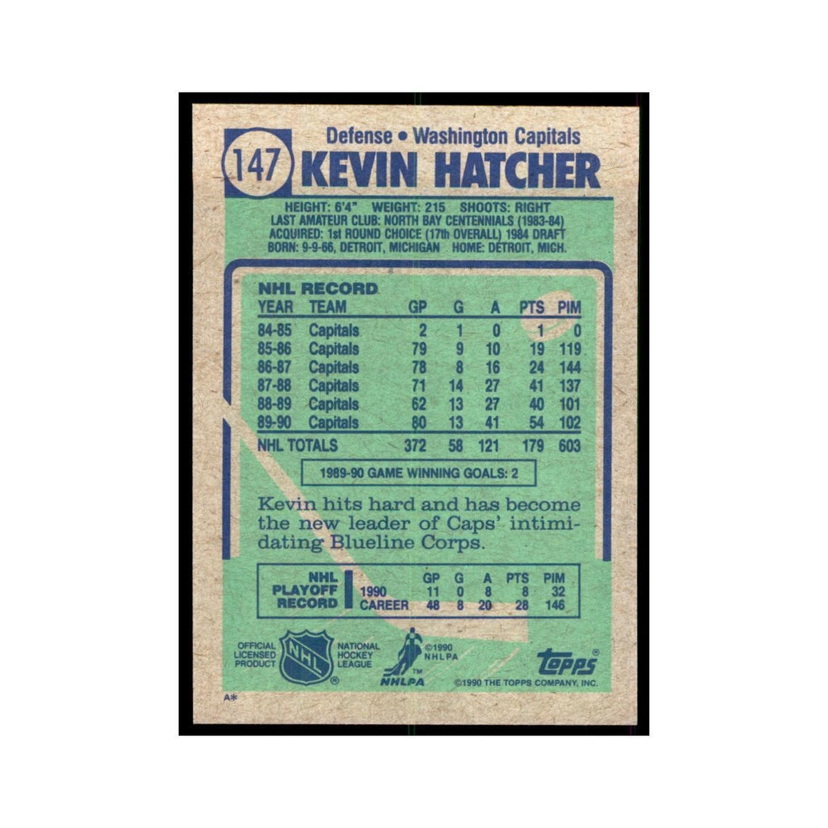 1990 Topps Kevin Hatcher Hockey Cards #147